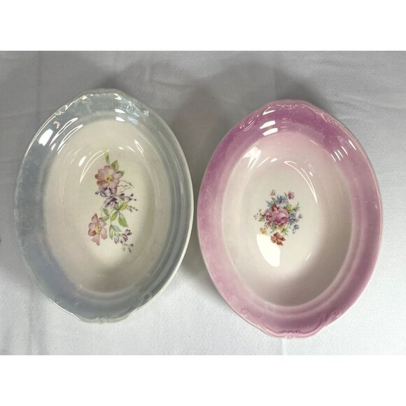 Crown Potteries Co Pair of Oval Floral Bowls Pink Blue 9X7X2 - Picture 1 of 8